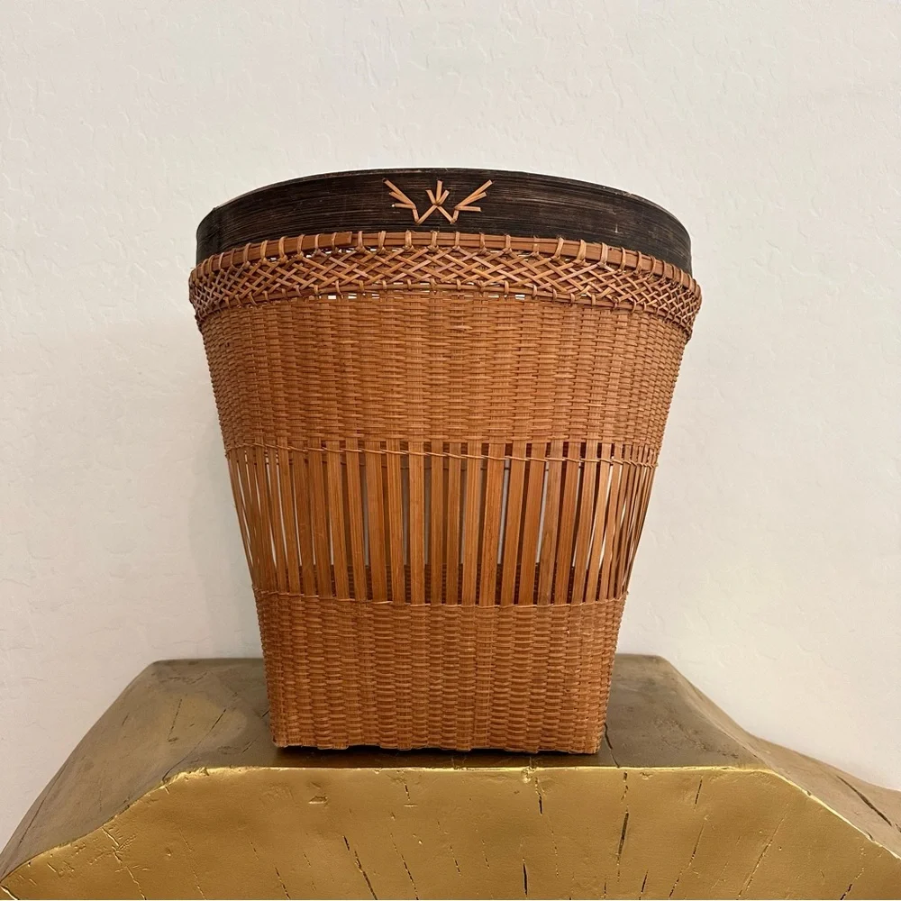 Vintage 1960s Japanese/Thai Woven bamboo harvest decorative basket-14” tall